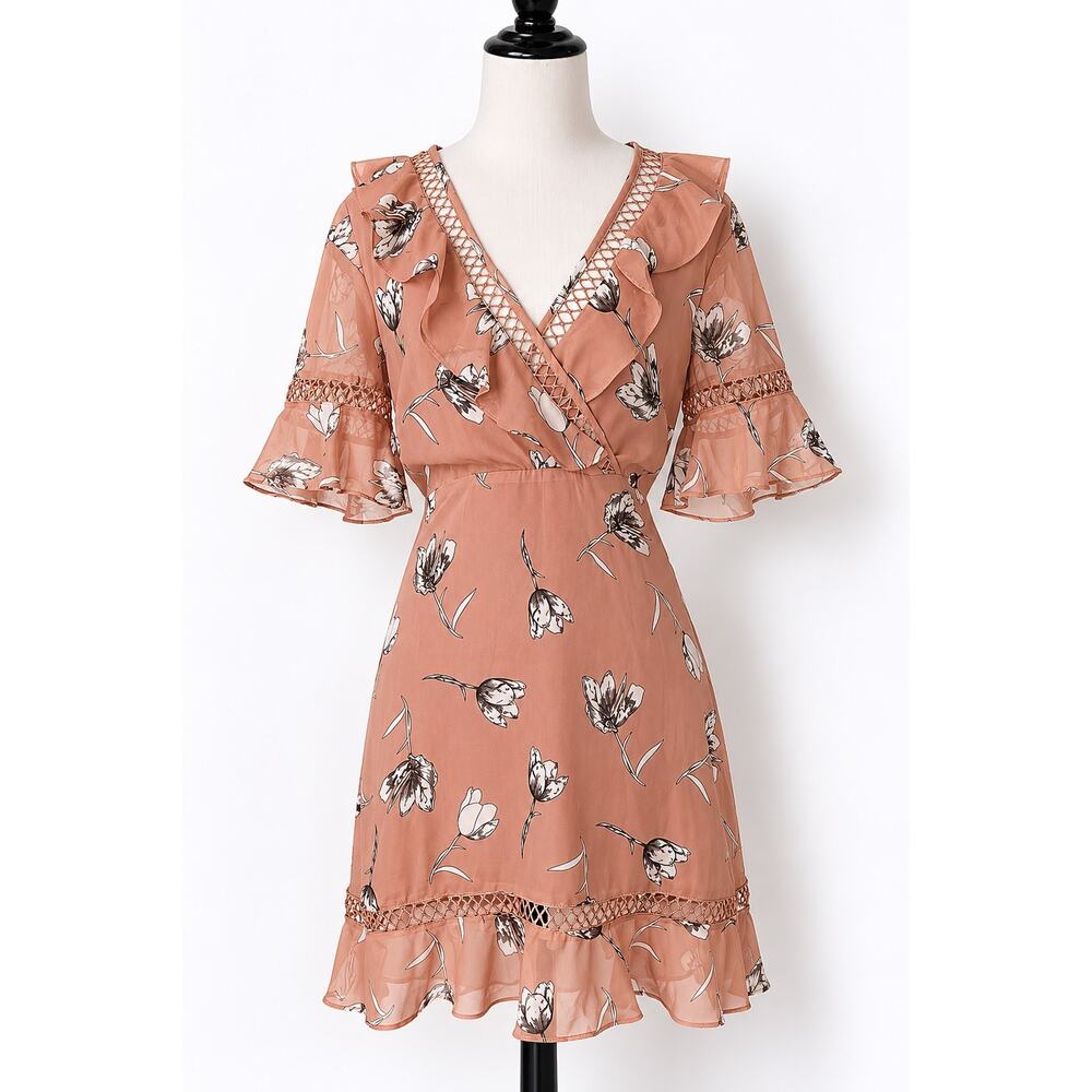 Bardot Floral Ruffle Dress Whimsical Cottagecore Flutter Sleeve Sz XS Fairycore